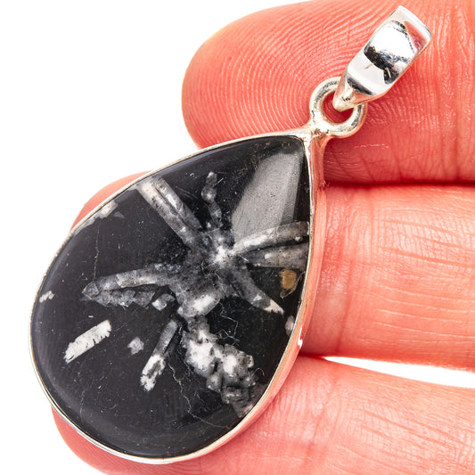 Chrysanthemum stone pendant in teardrop sterling silver setting, black with white specks