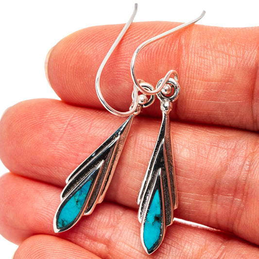 Turquoise teardrop dangle earrings in .925 sterling silver, openwork leaf design