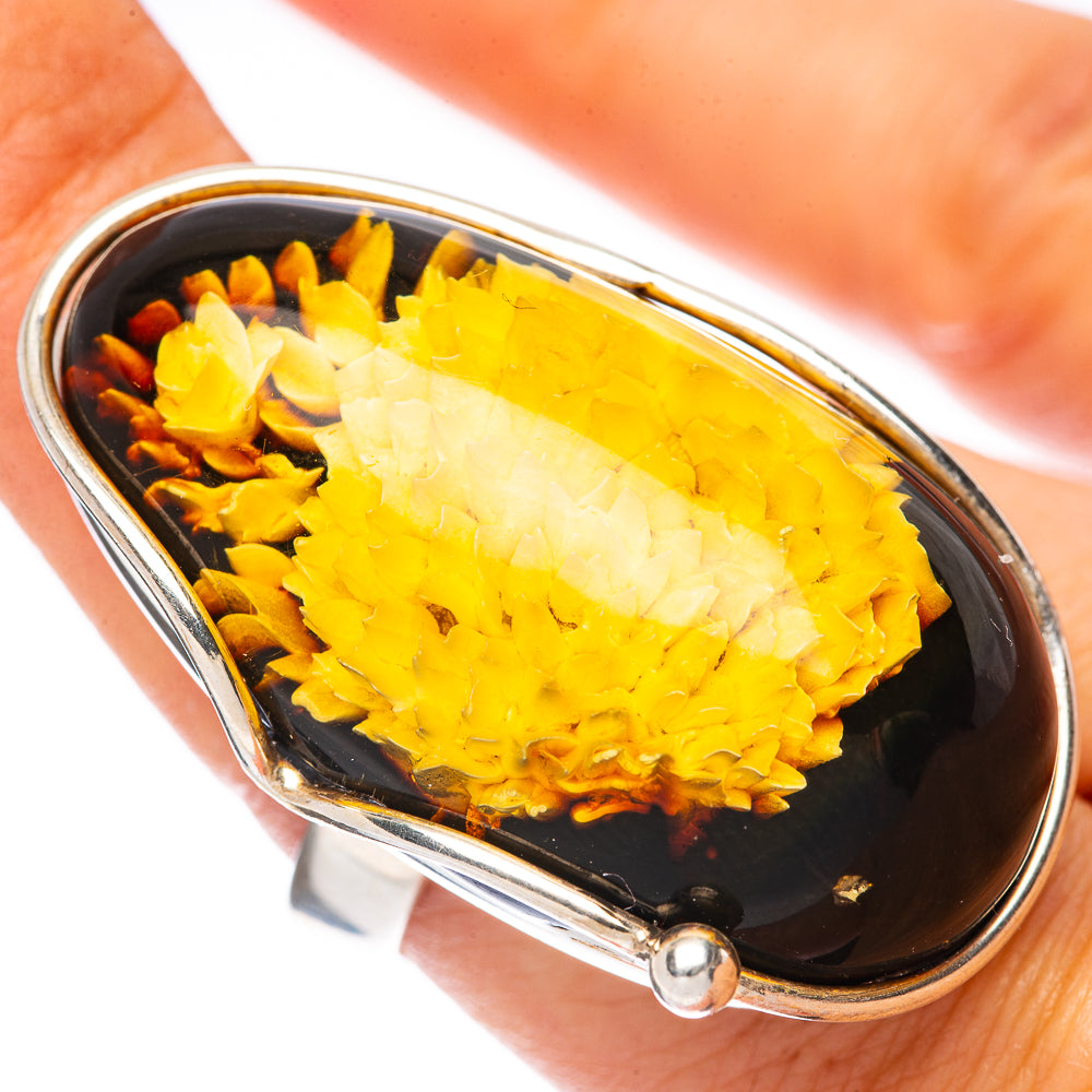 Amber Intaglio Chrysanthemum Ring Size 7 Adjustable (925 Sterling Silver) R3828