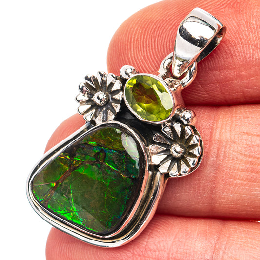Green peridot and ammolite pendant in sterling silver, heart-and-petal settings