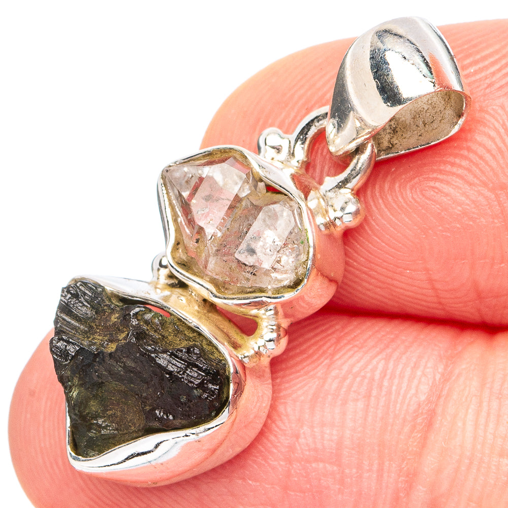 Black Tourmaline, Herkimer Diamond Pendant 1 1/8" (.925 Sterling Silver)