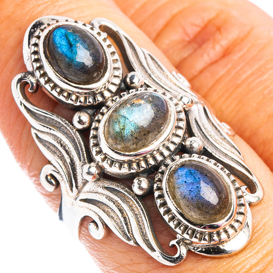 Labradorite ring in .925 sterling silver, oval stones with blue flashes, size 7.5