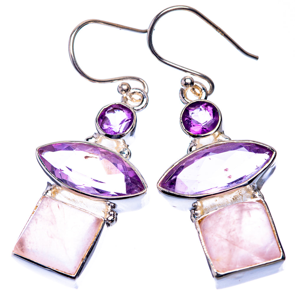Amethyst and rose quartz dangling earrings, oval purple tops with pink square accents