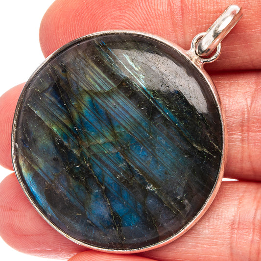 Round labradorite pendant, dark blue flash, silver-plated bail