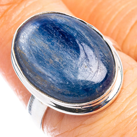 Sterling silver ring with oval blue kyanite cabochon and shiny bezel, size 6.5