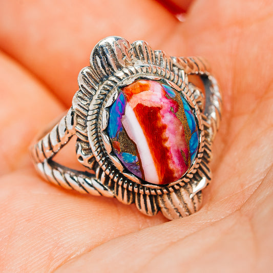 Southwestern Style Pink Dahlia Turquoise Ring Size 7.75 (.925 Sterling Silver)