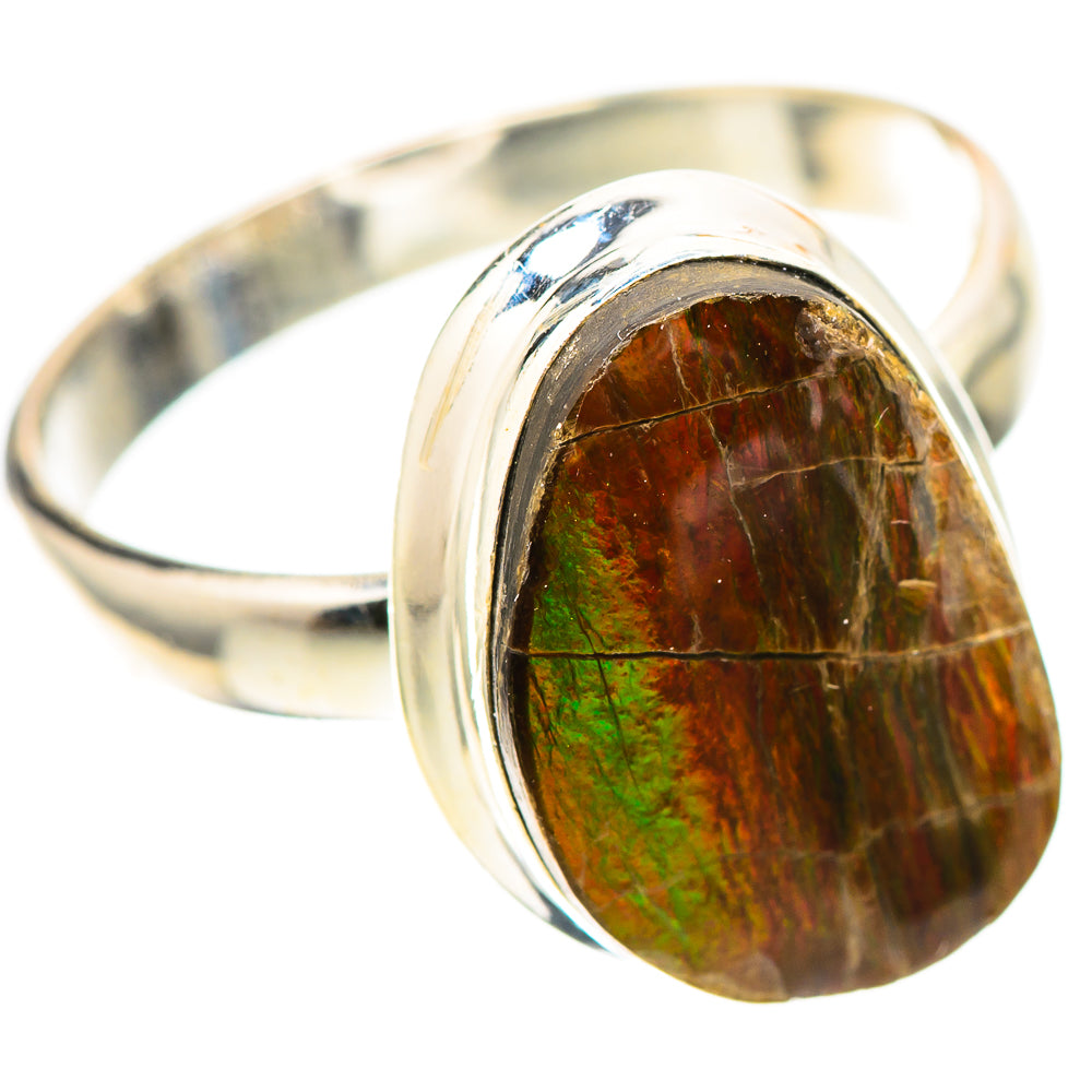 925 sterling silver ammolite ring with oval bezel, angled view of band and stone