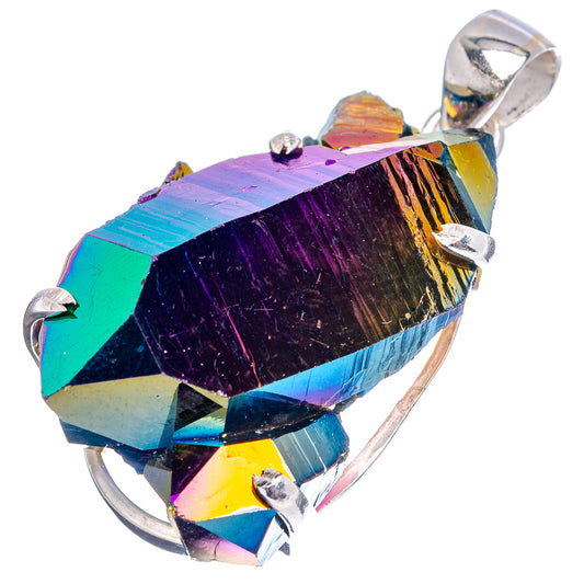 Rainbow aura quartz pendant on oval sterling silver bail, multi-faceted crystal