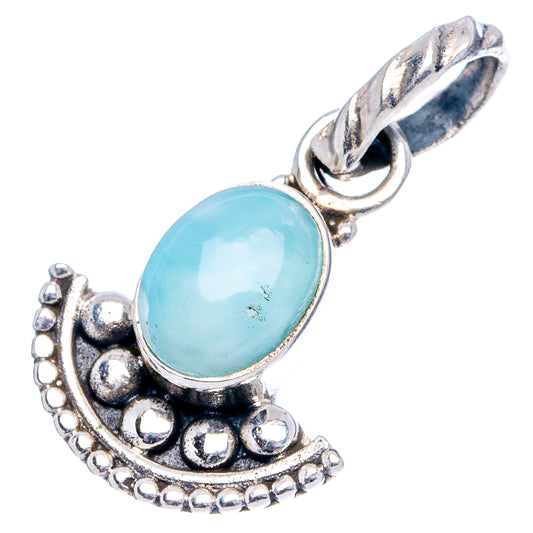 Blue Larimar oval pendant with decorative .925 sterling silver arc bail and edge