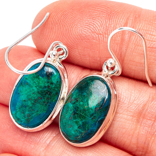 Oval chrysocolla drop earrings, .925 sterling silver hooks, green-blue stone bezel