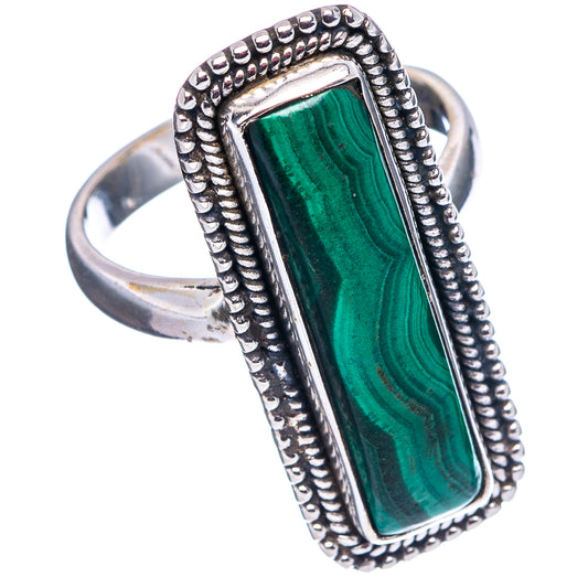 Rectangular green malachite sterling silver ring, raised frame with dotted beaded edge