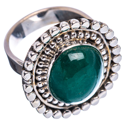 Sterling silver ring with oval dark green emerald cabochon and dotted bead halo