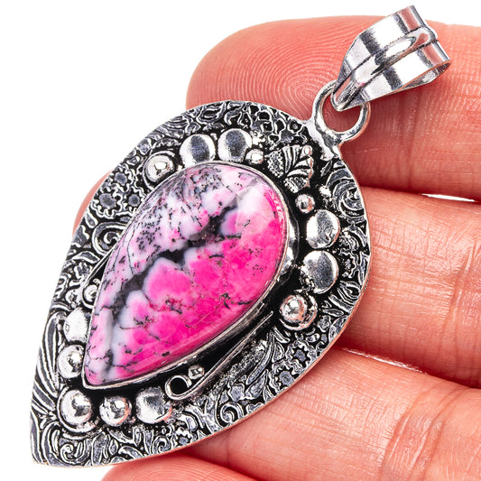 Pink dendritic opal pendant, ornate German silver teardrop with top bail
