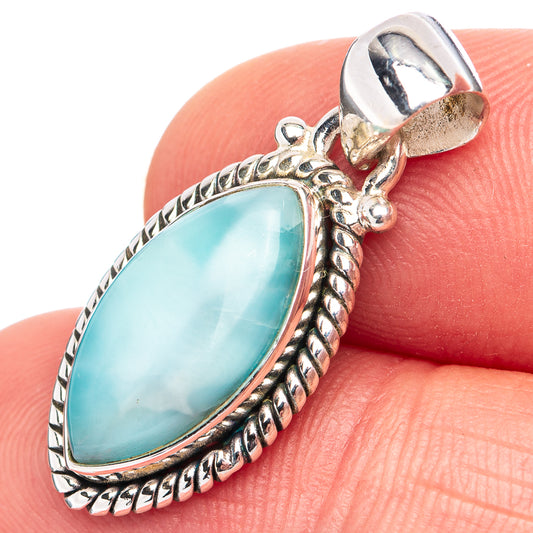 Larimar pendant in .925 sterling silver, oval turquoise stone with ornate rope border