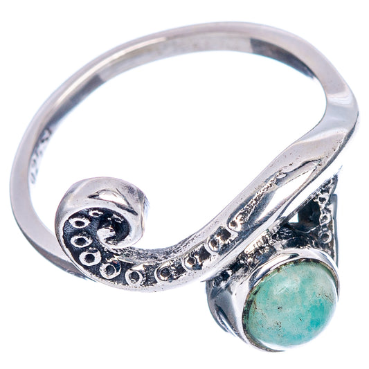 Sterling silver wave ring, oval green amazonite cabochon at band with decorative engraving