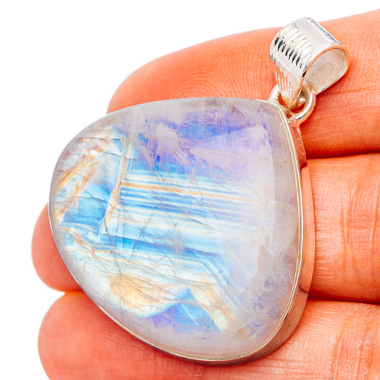 Sterling silver moonstone pendant with teardrop iridescent cabochon and ridged bail