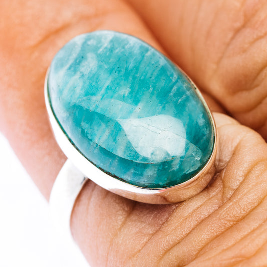 Oval amazonite cabochon ring in .925 sterling silver, size 7
