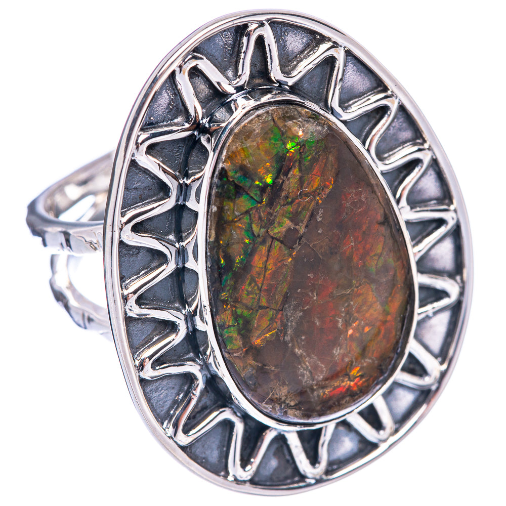 Sterling silver ammolite ring, size 8.5, oval gemstone in carved sunburst frame