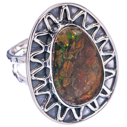 Sterling silver ammolite ring, size 8.5, oval gemstone in carved sunburst frame
