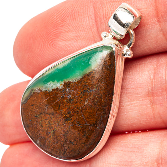 Teardrop chrysoprase pendant in .925 sterling silver with green stone and brown matrix
