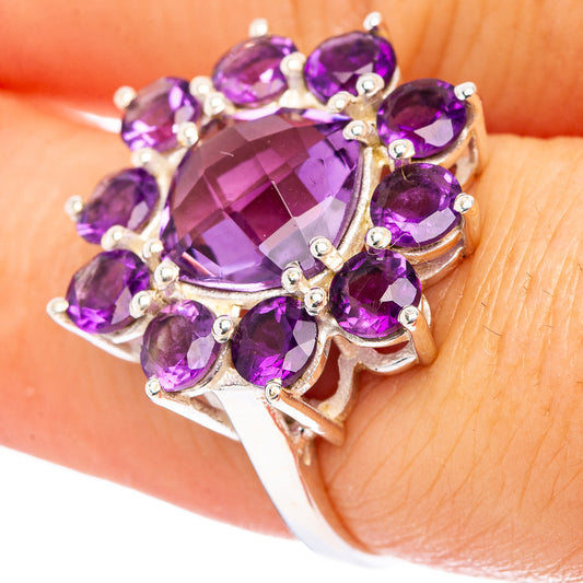 Amethyst flower ring in .925 sterling silver, oval purple center with round amethyst accents