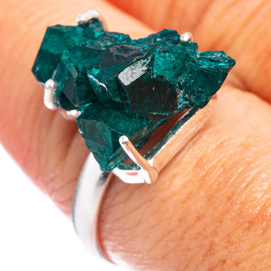 Sterling silver ring with rough dark teal dioptase crystal cluster, open prong setting