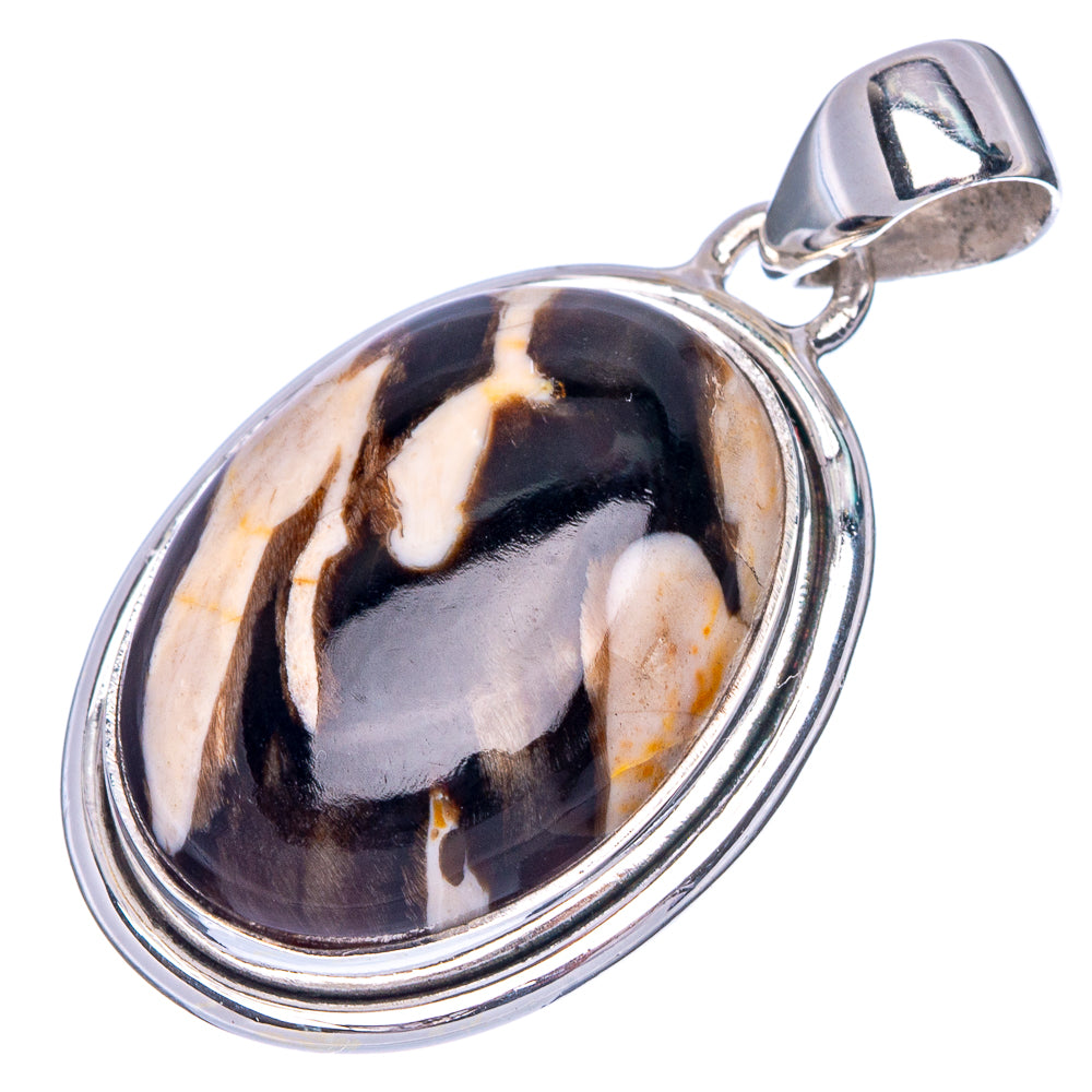 925 sterling silver oval jasper pendant with dark stone and cream streaks, bail