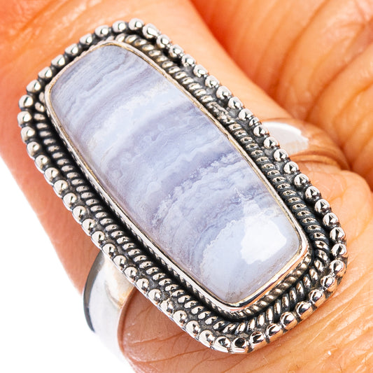 Sterling silver ring with oval blue lace agate, beaded bezel, size 7