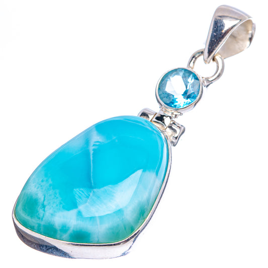Sterling silver drop pendant with large oval blue larimar stone and small blue gemstone