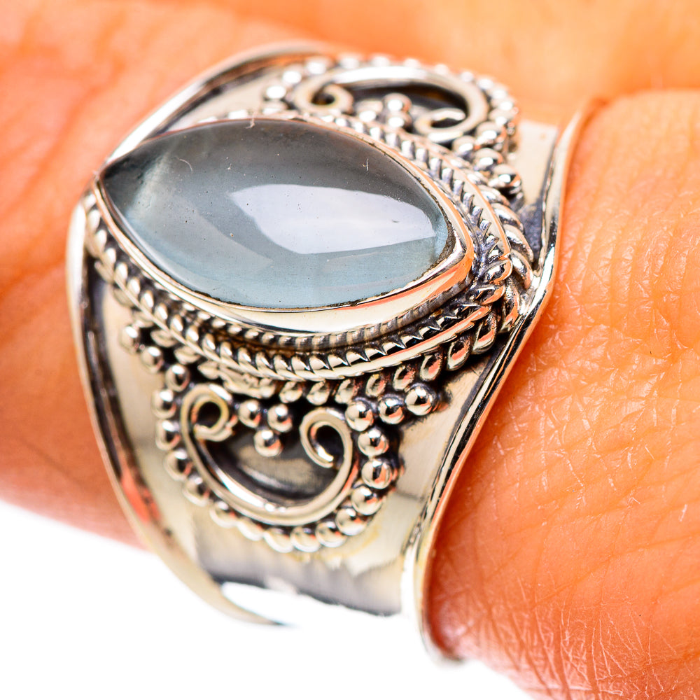 Sterling silver oval aquamarine cabochon ring, ornate filigree, size 9