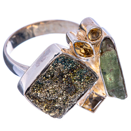 Large Spectro Pyrite Druzy, Green Tourmaline, Citrine Ring Size 8 (925 Sterling Silver) R145306