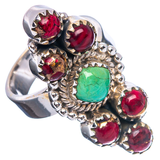 Sterling silver adjustable ring, green turquoise oval center with red stones along band