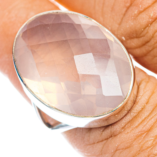Faceted rose quartz oval ring in .925 sterling silver, large pink gemstone
