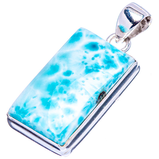 Rectangular larimar gemstone pendant in silver bezel with bail, angled view