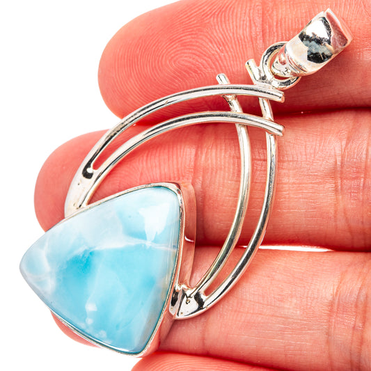 Larimar triangle pendant in .925 sterling silver with hinged top loop and swirl frame