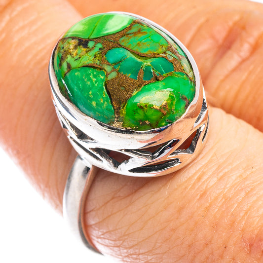 Sterling silver ring with oval green turquoise cabochon, size 7.75, carved silver setting
