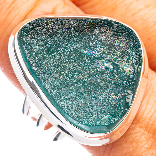 Teal Roman glass oval ring with .925 sterling silver bezel, size 11