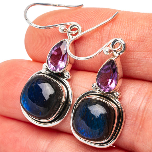 Sterling silver labradorite drop earrings with purple teardrop accents