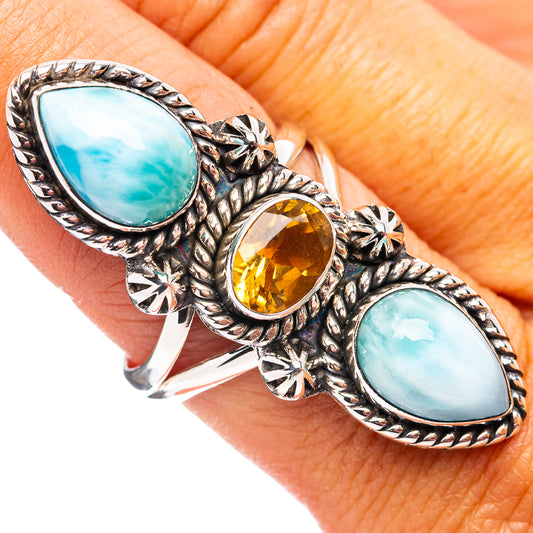 Larimar and citrine oval gemstone sterling silver ring with rope and star details