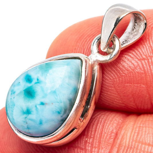 Larimar teardrop pendant close-up, .925 sterling silver bezel with loop bail