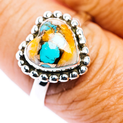 Southwestern Style Spiny Oyster Turquoise Heart Ring Size 9 Adjustable (.925 Sterling Silver)
