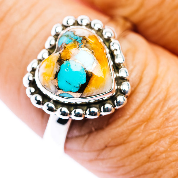 Southwestern Style Spiny Oyster Turquoise Heart Ring Size 9 Adjustable (.925 Sterling Silver)