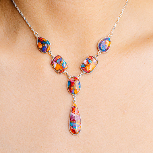 Sterling silver necklace with colorful multi-stone teardrop link pendants