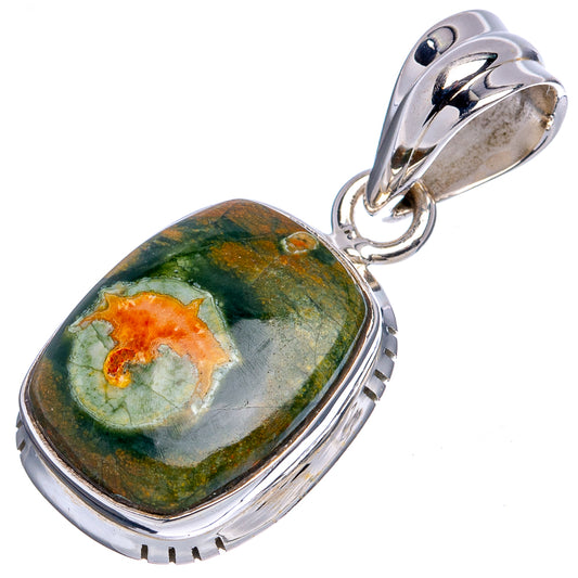 Oval rhiolite stone pendant in sterling silver bezel, with textured frame and bail