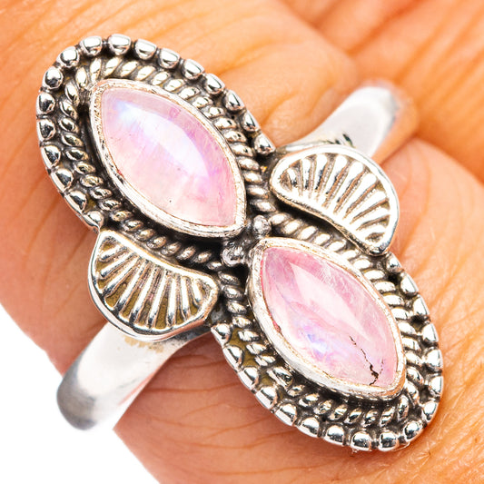 Sterling silver ring, size 8, with two pink oval moonstones and scalloped leaf settings