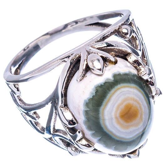Sterling silver ring with ocean jasper oval cabochon, detailed side filigree
