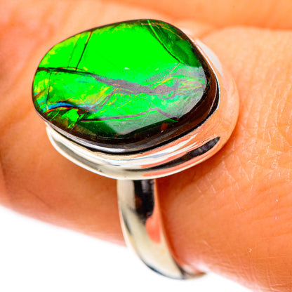 Oval green ammolite set in 925 sterling silver ring, size 9.75