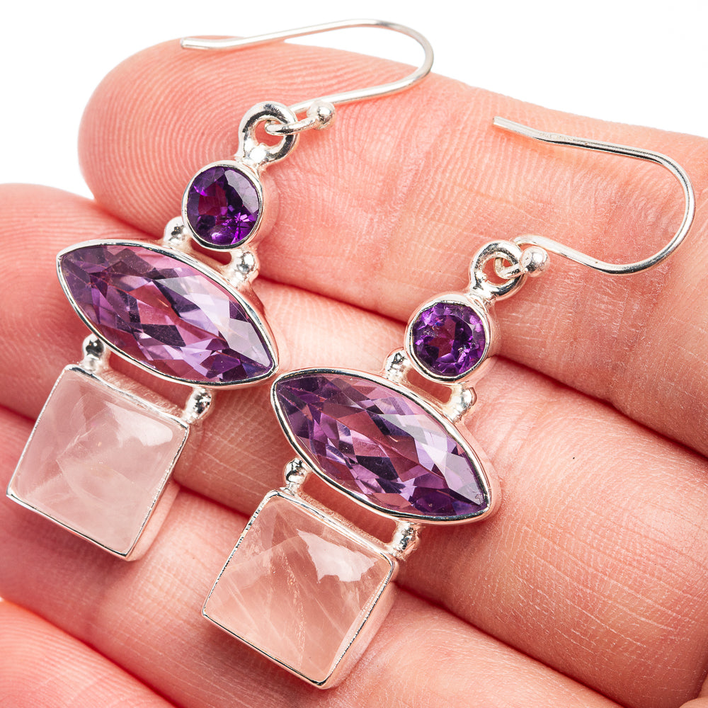 925 sterling silver drop earrings, amethyst purple oval with rose quartz pink square dangles