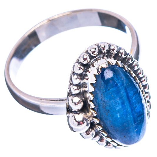 Sterling silver kyanite ring, oval blue cabochon with raised bead bezel and shank