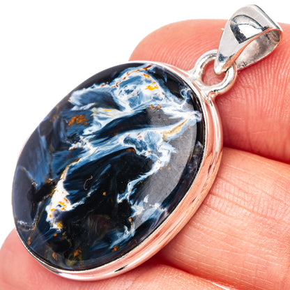 Pietersite pendant with oval blue-and-black stone in 925 sterling silver bezel